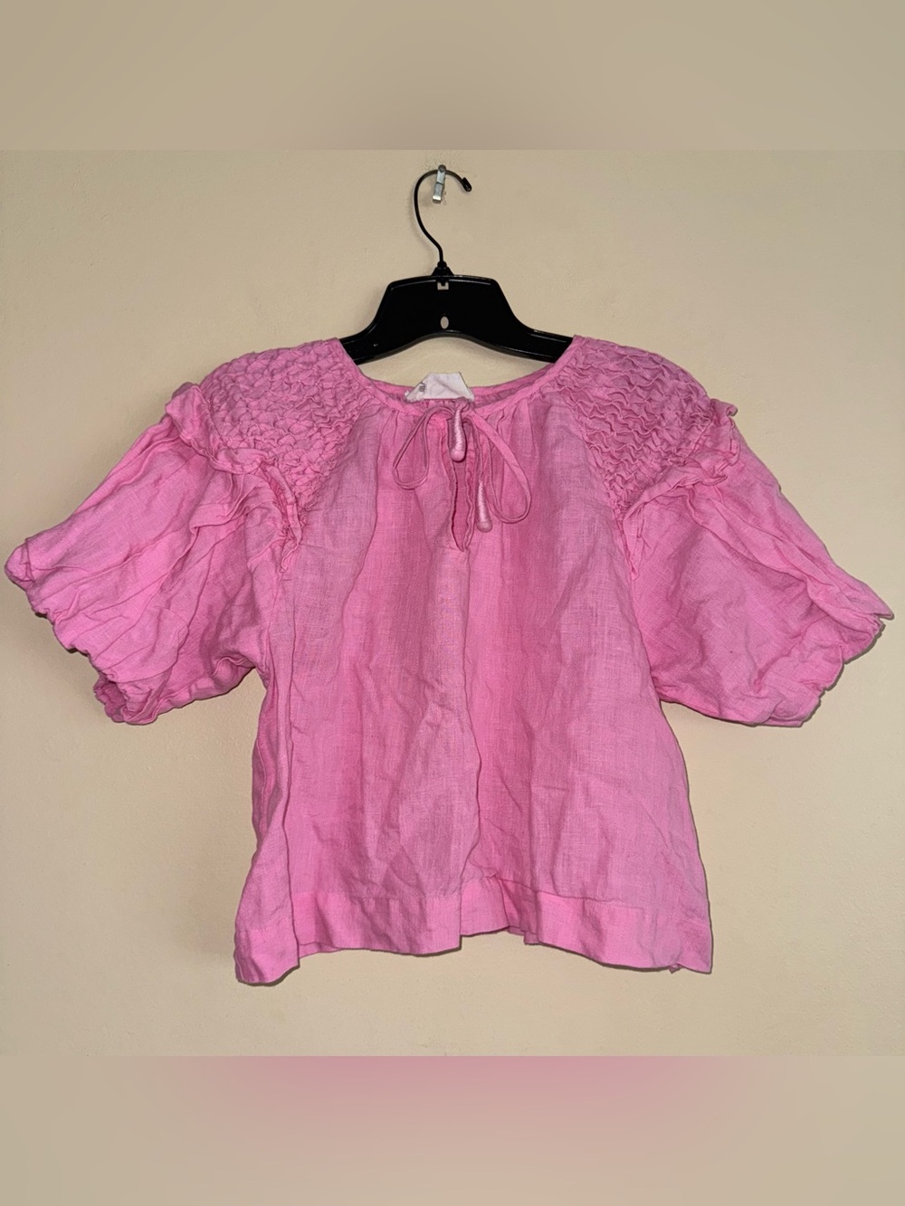 Self Contrast Pink Smocked Linen Blouse Boho Size M